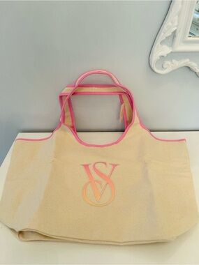 Victoria's Secret Cream Canvas Tote with Pink Trim